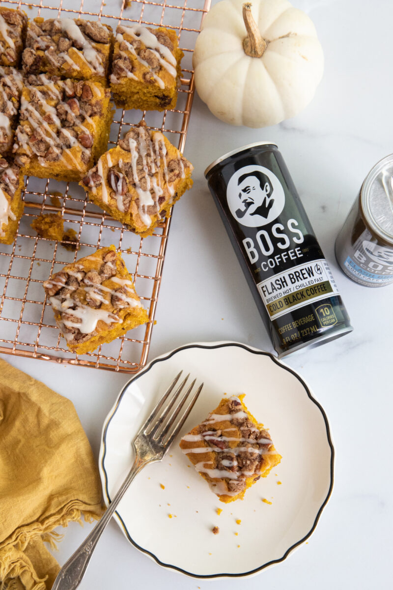 A fall display of BOSS Coffee and pastries