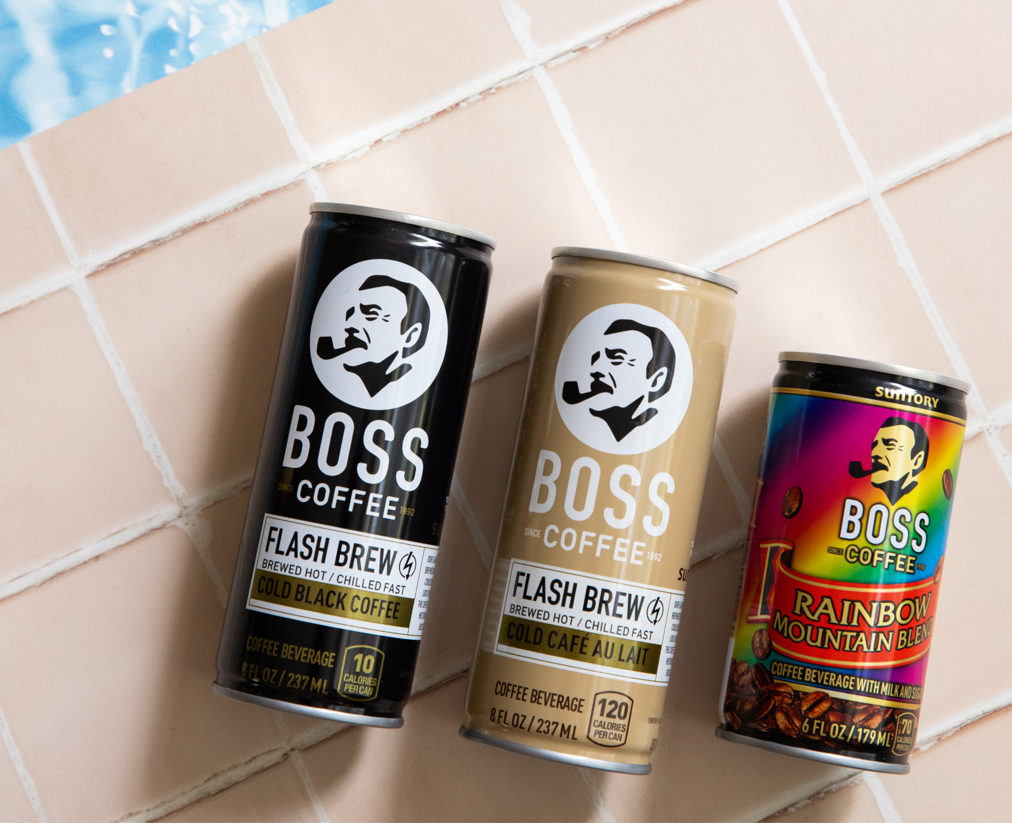 A trio of BOSS Coffee flavors pool-side