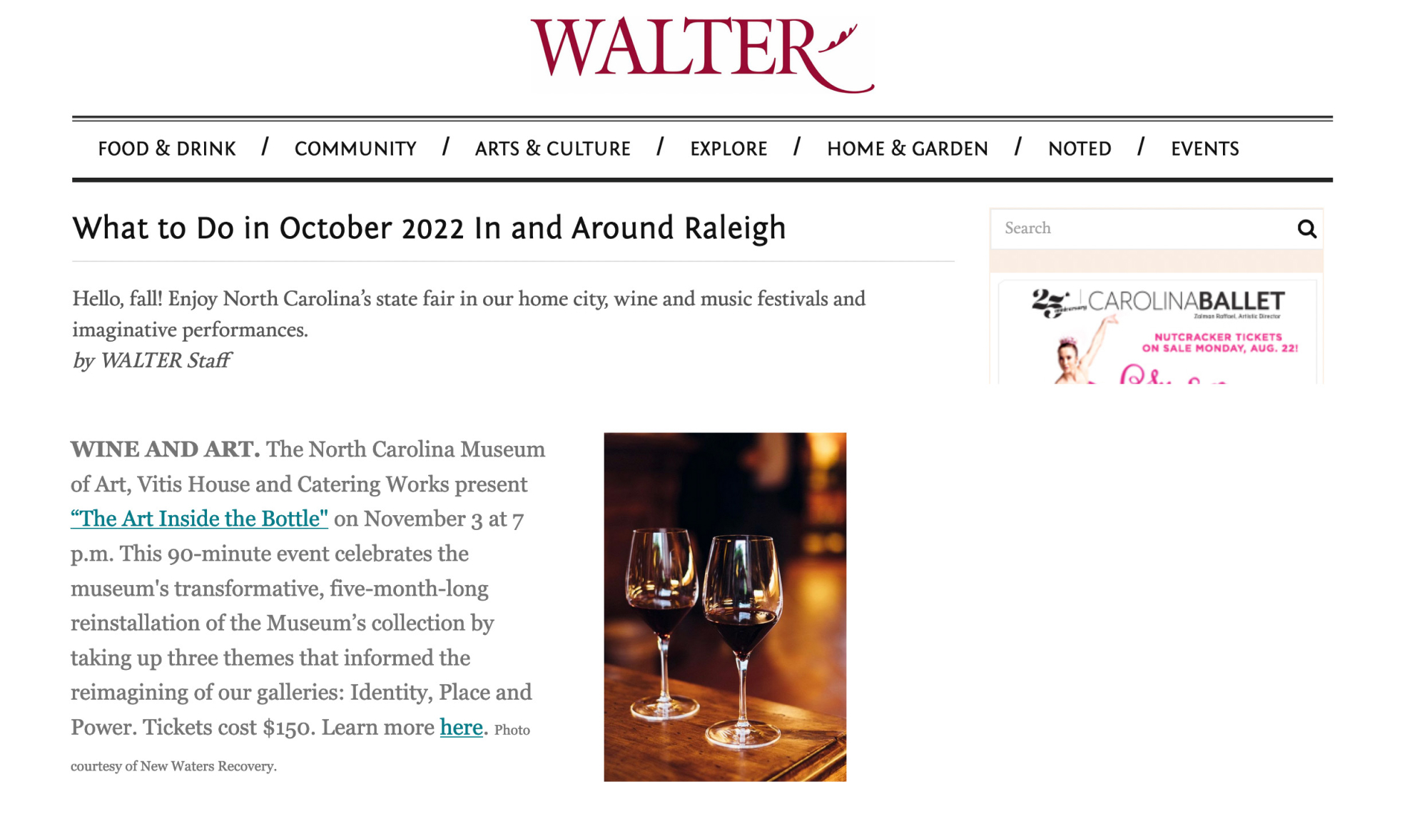 Dooren Colondres' Vitis House mentioned in Walter Magazine' under the What to Do in October 2022 Article