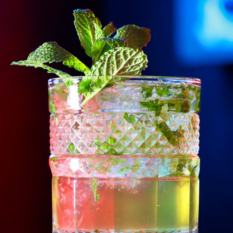 A cocktail in a rocks glass, eye-level with the camera in a dark atmosphere with mint leaves as garnish.