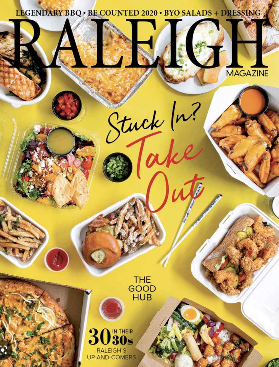 A spread of take out food options on a yellow background with a headline of Stuck In? Take Out – Raleigh Magazine
