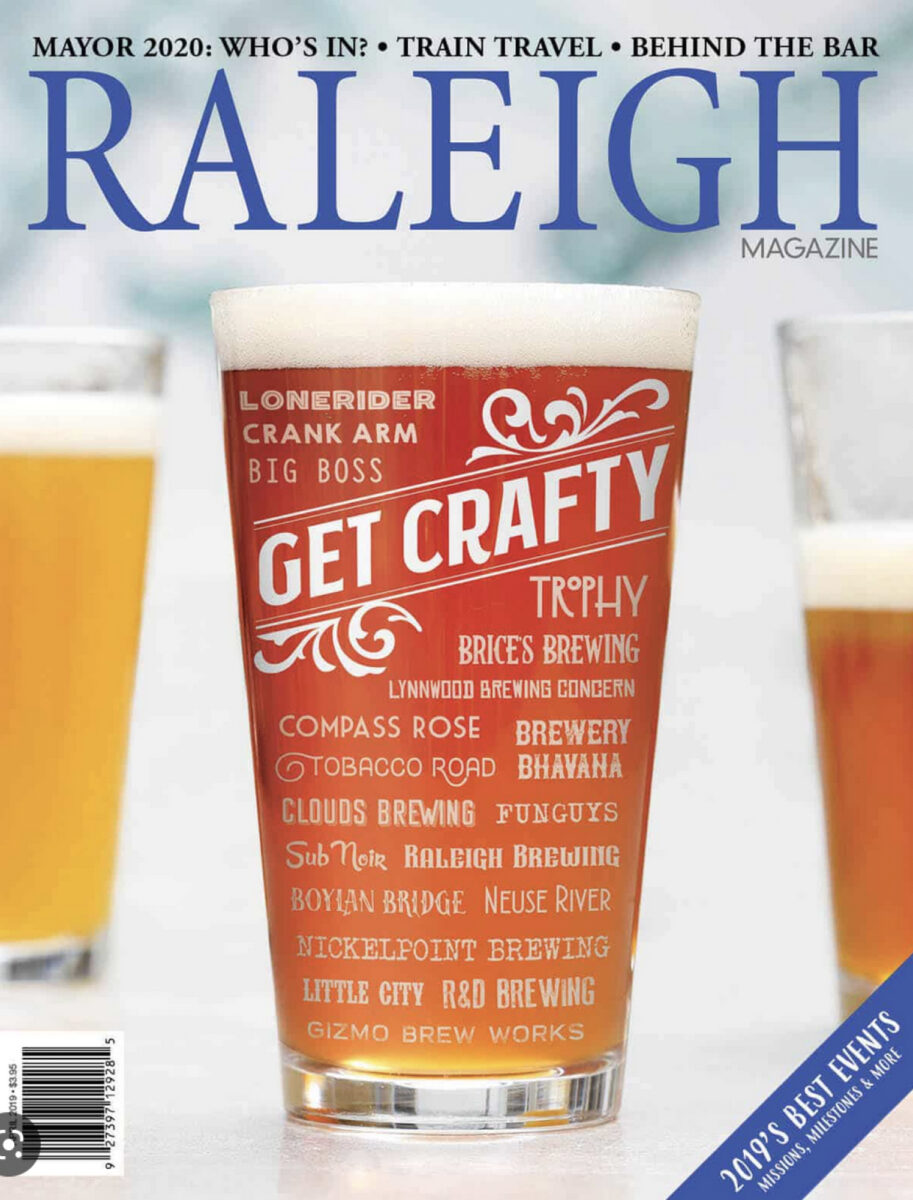 A pint glass of beer with the names of the different craft breweries in Raleigh – Raleigh Magazine