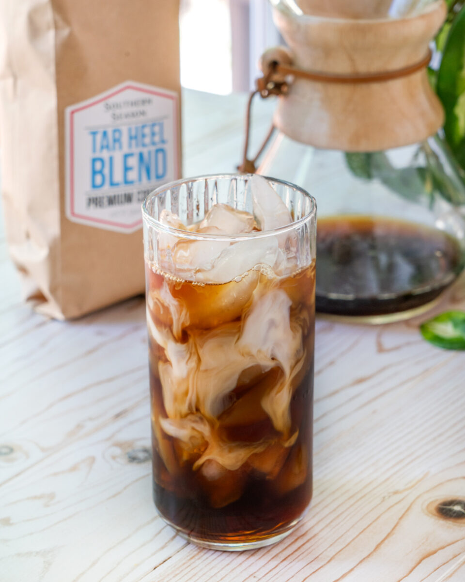 A glass of iced coffee made with Southern Season's Tar Heel Blend coffee