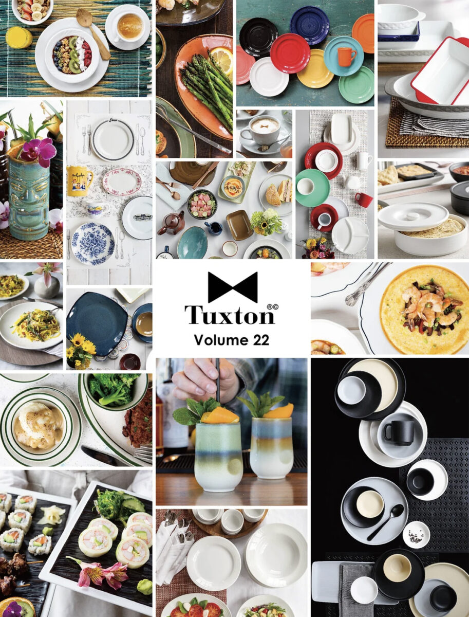 Tuxton's 2022 Catalog with a gridded collage of photos showcasing their dinnerware, flatware, and more
