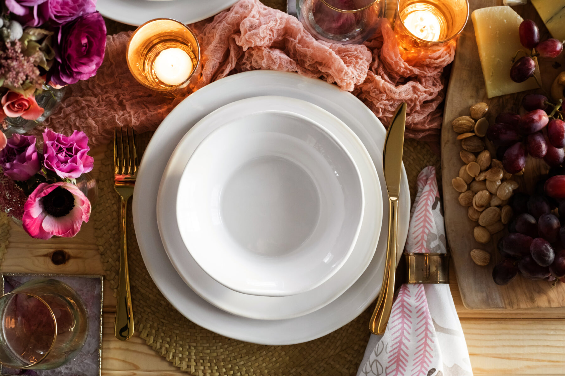 VIETRI - An Intimate Plate setting with Gold Flatware and White Plates