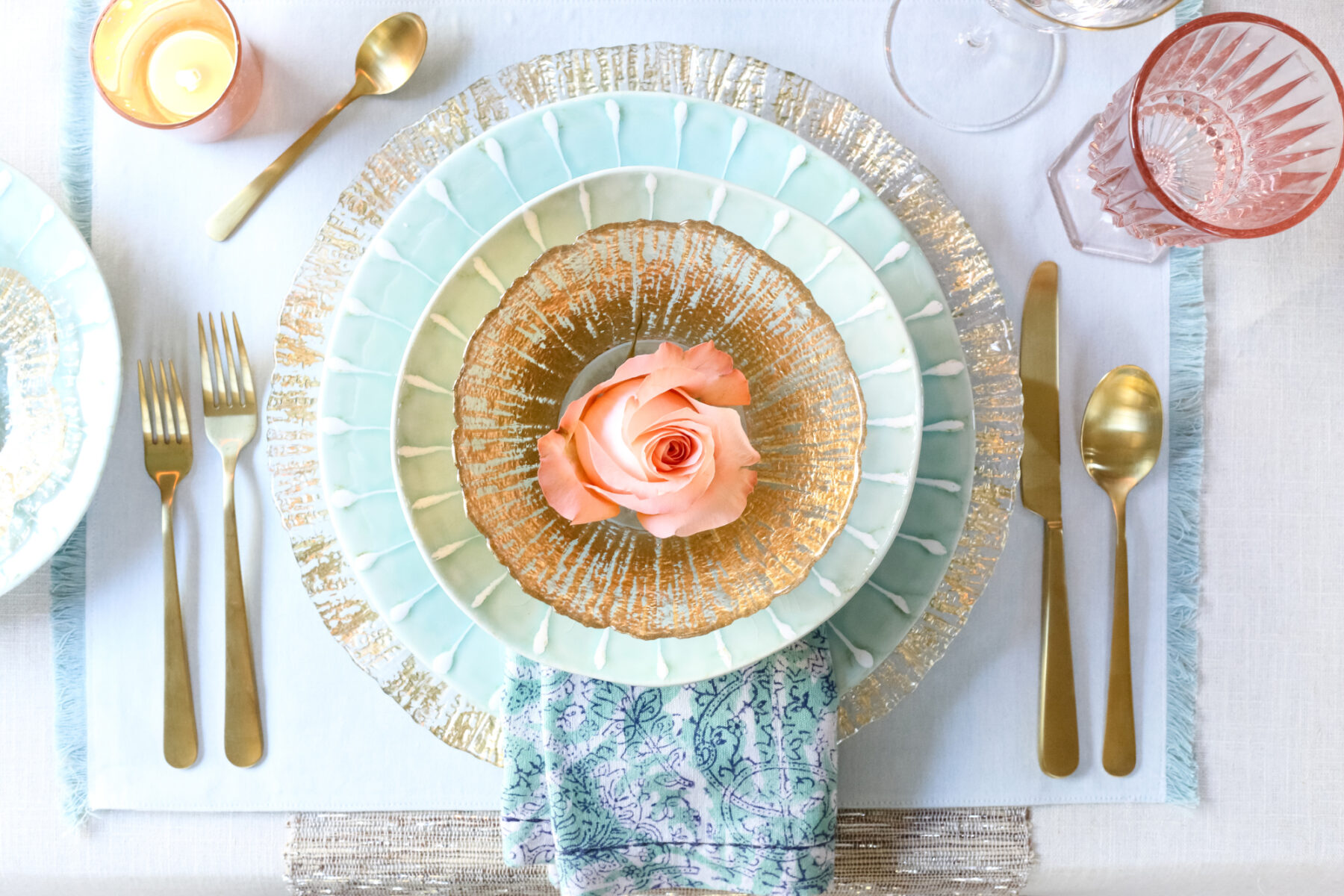 VIETRI - Light Blue Place Setting with Gold Flatware and a Pink Rose