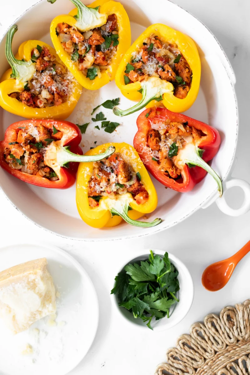 Mr Burgy and Co plant-based stuffed red and yellow bell peppers
