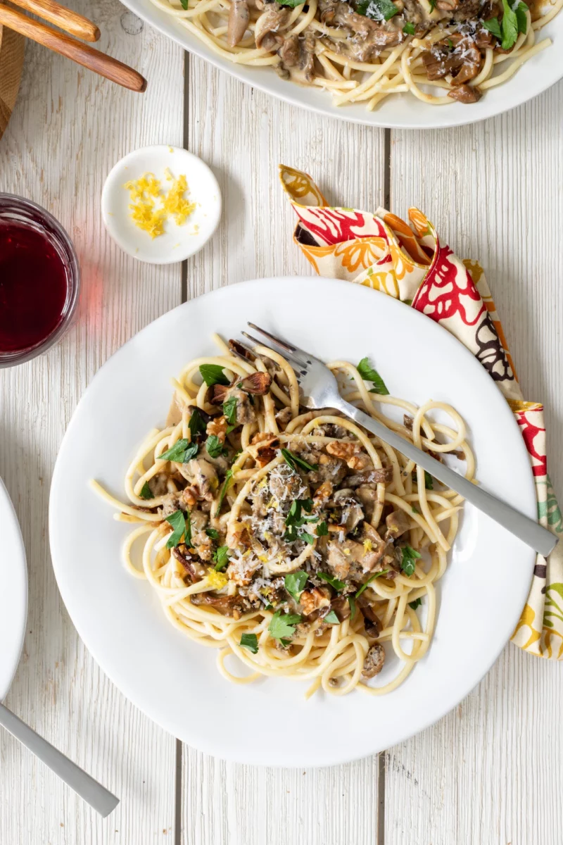 Mr Burgy and Co plant-based mushroom linguine plated on a white plate