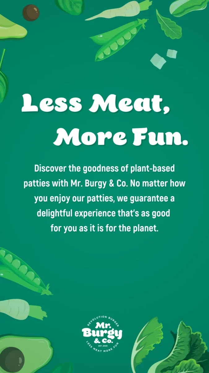 Social media post promoting Less Meat, More Fun, for Mr Burgy and Co plant-based burgers
