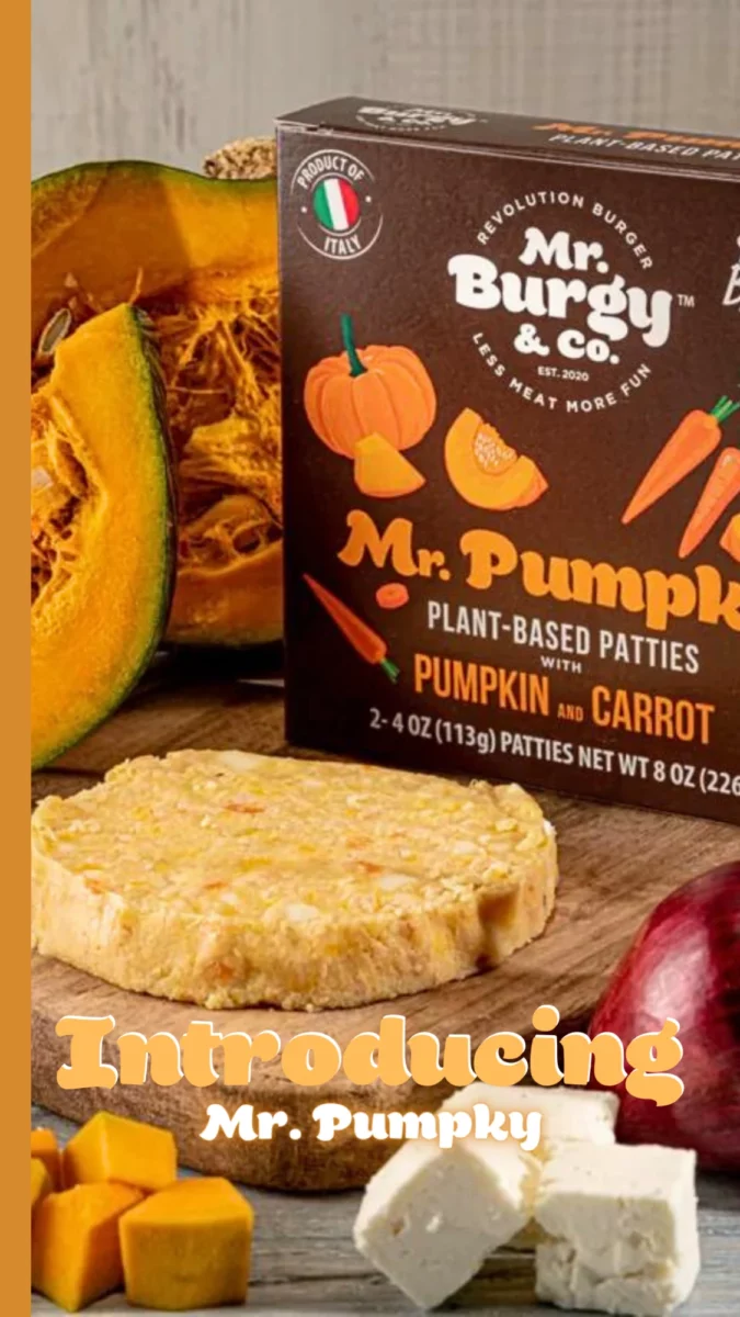 Social story post introducing Mr Burgy and Co's Mr. Pumpky plant-based patties