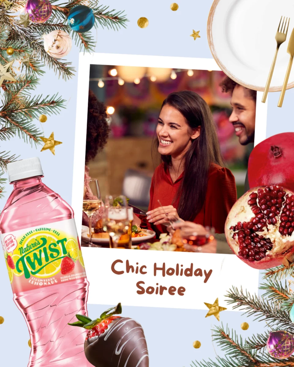 Nature's Twist Holiday Social Media Story for a Chic Holiday Soiree pairing chocolate covered strawberries with Nature's Twist Strawberry Lemonade